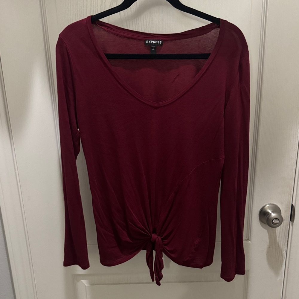 Express Burgundy Tie Front Long Sleeve Knit Top Women's Small